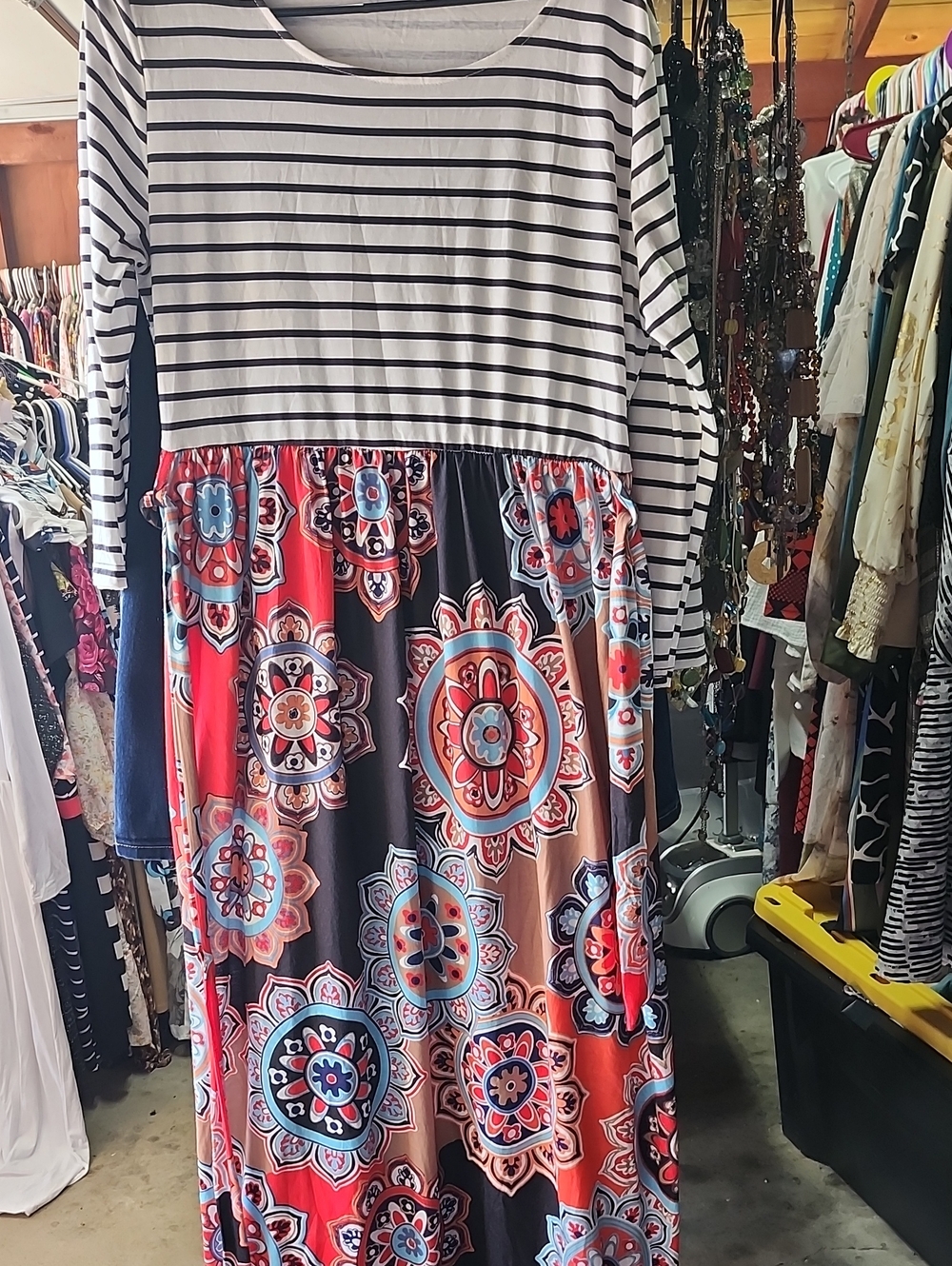 Striped Bodice Floral Medallion Maxi Dress - Black, White & Red